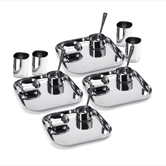 Sumeet Square Stainless Steel Heavy Gauge Mirror Finish Dinner Set of 20 Pieces (4 Plates, 4 Halwa Plates, 4 Bowls, 4 Glasses, 4 Spoons)