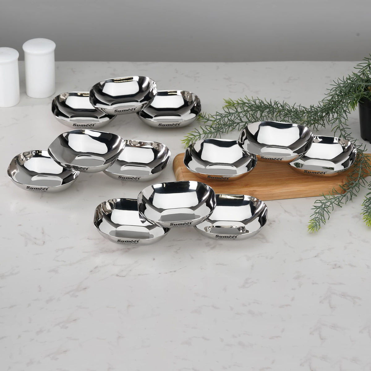 Sumeet Stainless Steel Small Apple Square Plate/Dessert Plate/Halwa Plate, Set of 12, 9 cm Diameter, 120 ml Each, Silver
