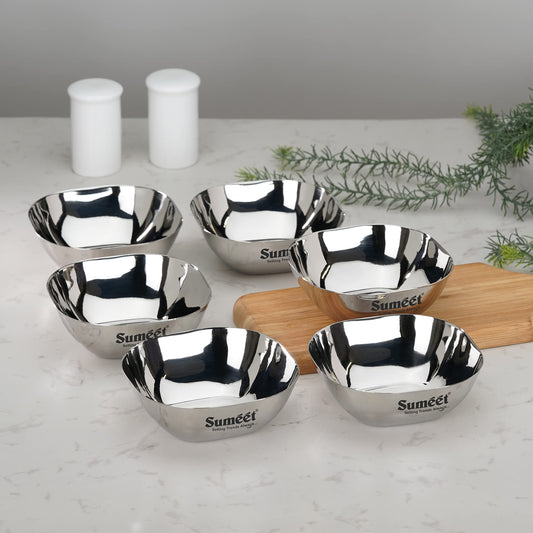 Sumeet Heavy Gauge Stainless Steel Apple Square Bowl/Wati/Katori with Mirror Finish, 11 cm Diameter, Set of 6, 350 ml Each, Silver