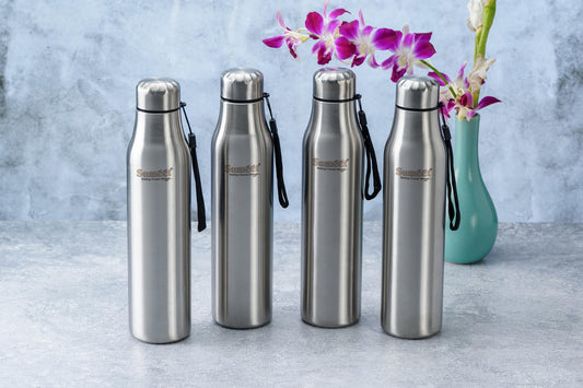 Sumeet AlphaAqua Stainless Steel Leak-Proof Water Bottle with Strap for Office, School, College, Gym, Picnic, Home, and Fridge, 1 Litre, Pack of 4