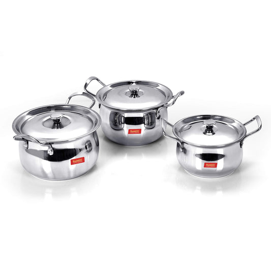 Sumeet Stainless Steel Handi with Lid, 1.1 LTR, 1.6 LTR, 2.1 L, 3-Piece Set (Steel), 4.8 Liters