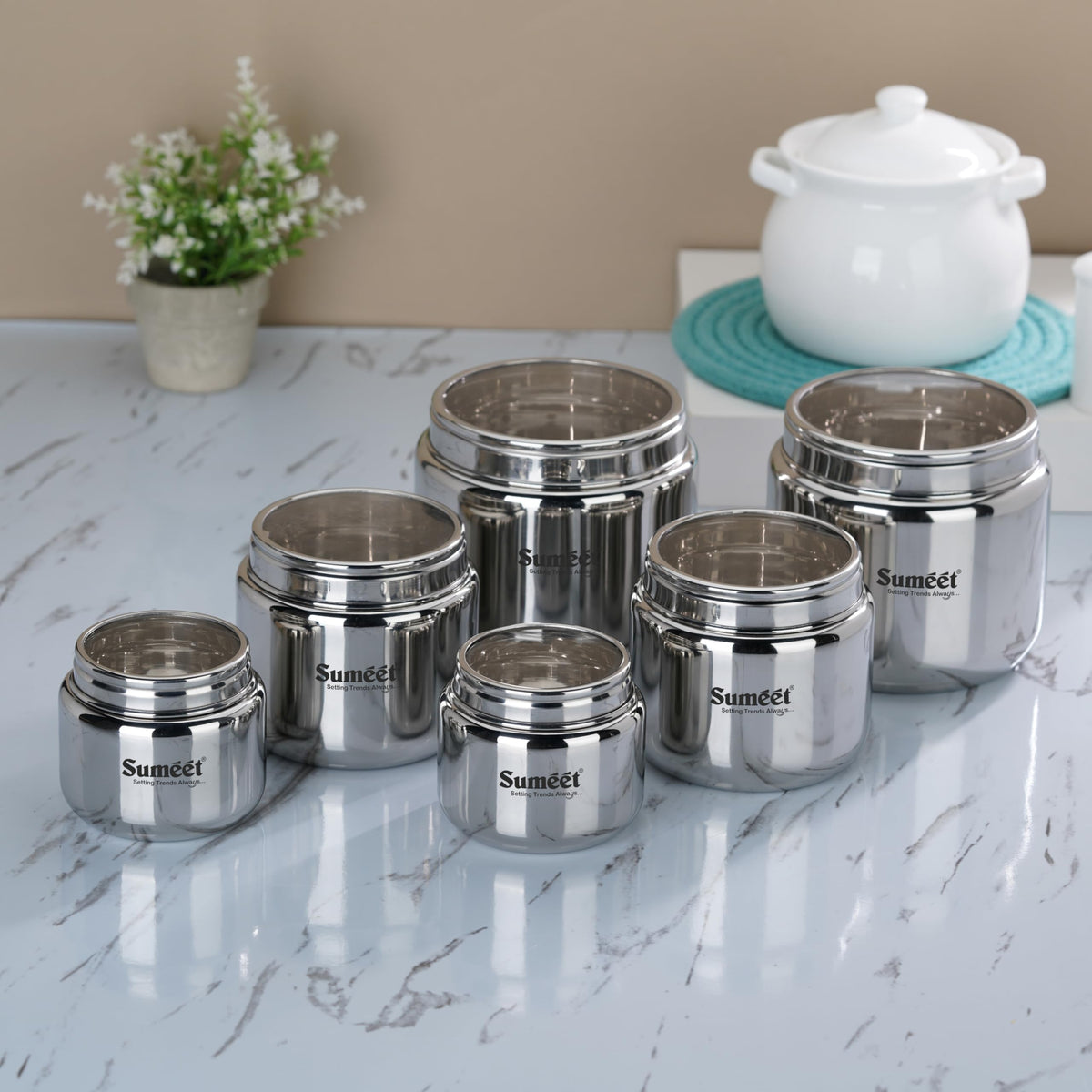 Sumeet Stainless Steel Kitchen Canisters, Dabbas and Storage Containers with See-Through Lids, 6-Piece Combo, 2 x 400 ml, 9 cm