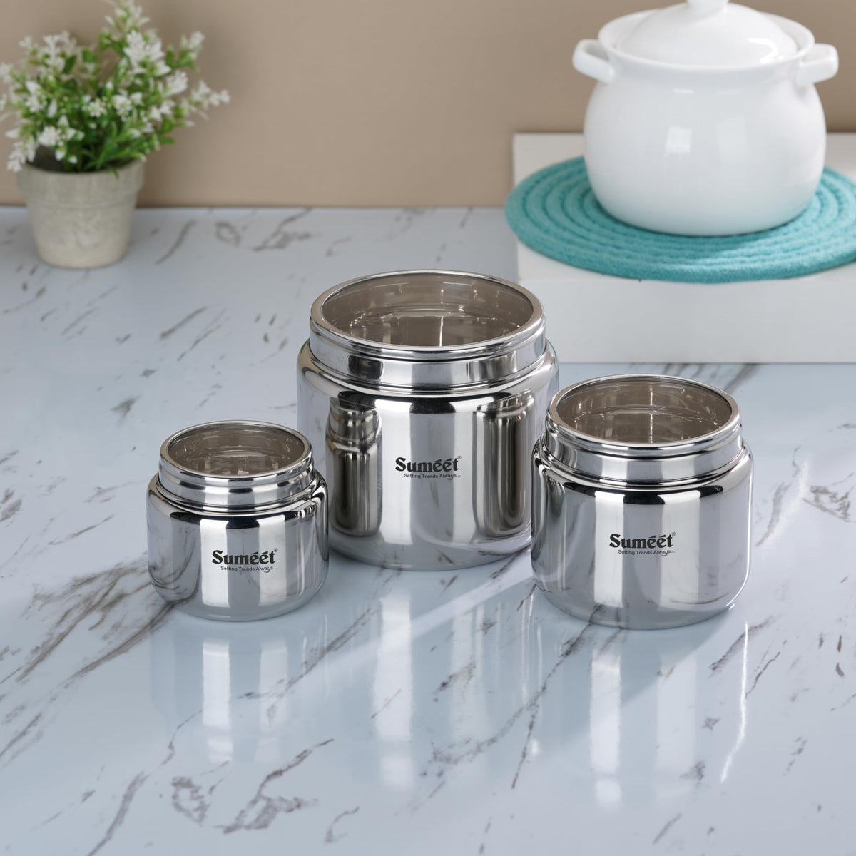 Sumeet Stainless Steel Kitchen Canisters, Dabbas and Storage Containers with See-Through Lids, 3-Piece Combo, 400 ml, 9 cm