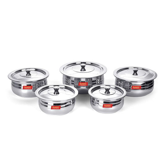 Sumeet Big-Size Stainless Steel Cook and Serve Induction Handi Set with Lid, Set of 3 Pc, 700 ML, 1300 ML & 1800 ML, Silver