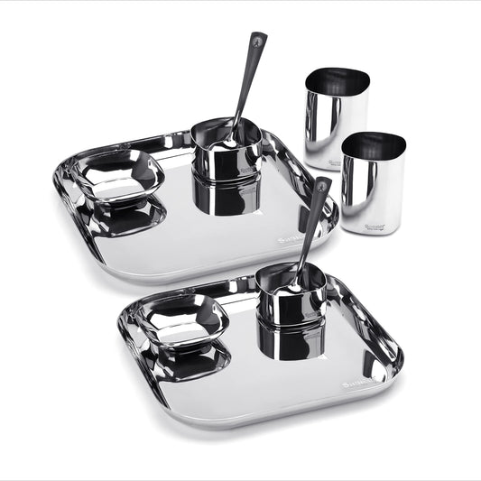 Sumeet Square Stainless Steel Heavy Gauge Mirror Finish Dinner Set of 10 Pieces (2 Plates, 2 Halwa Plates, 2 Bowls, 2 Glasses, 2 Spoons)