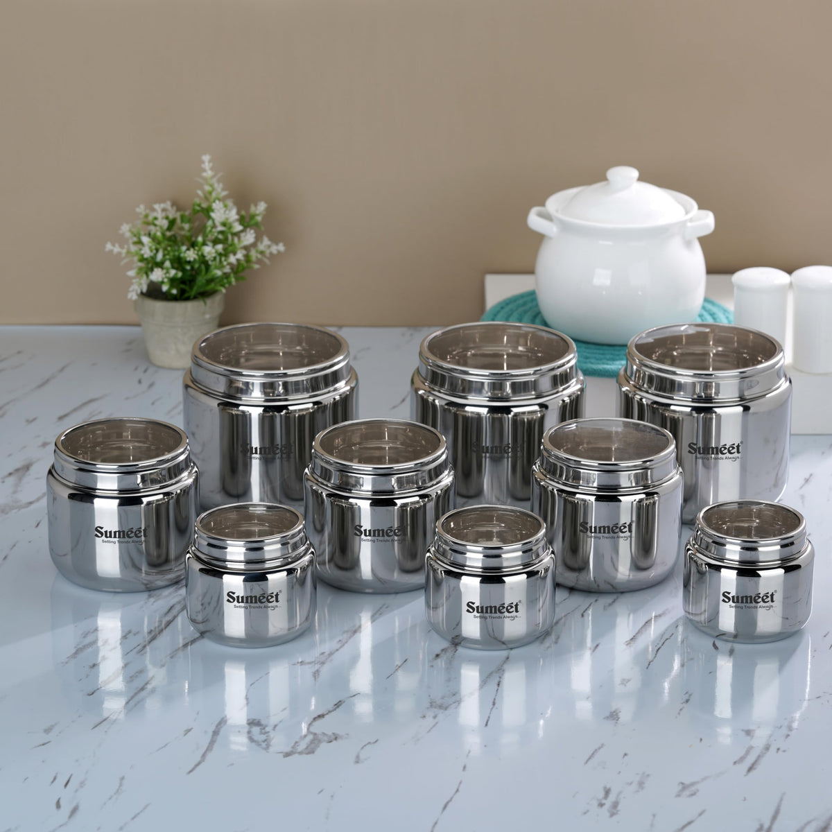 Sumeet Stainless Steel Kitchen Canisters, Dabbas and Storage Containers with See-Through Lids, 9-Piece Combo, 3 x 400 ml, 9 cm