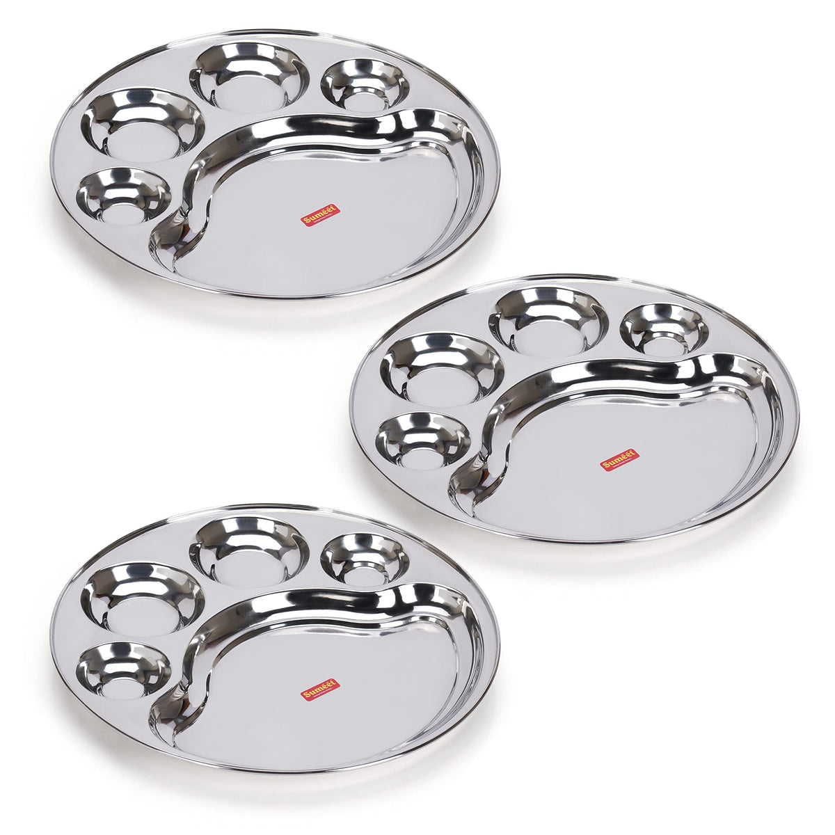 Sumeet Stainless Steel Round 5-in-1 Compartment Lunch/Dinner Plate, Set of 3 Pieces, 34 cm Diameter, Silver