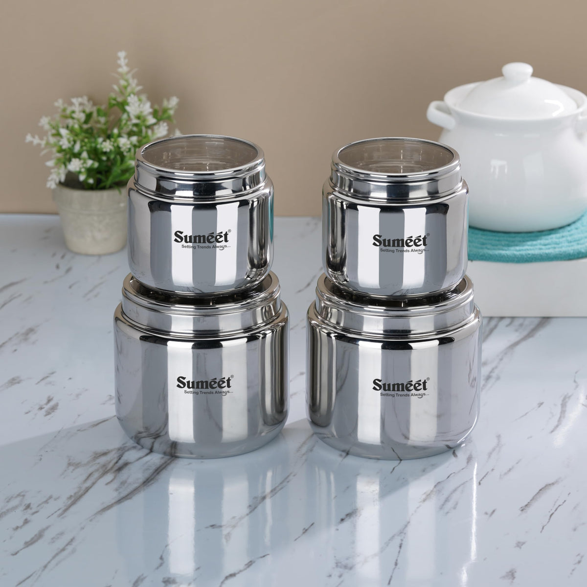 Sumeet Stainless Steel Canisters/Dabba/Storage Containers with See-Through Lid, Combo of 4 (2 x 400 ml, 9 cm; 2 x 800 ml, 11 cm)