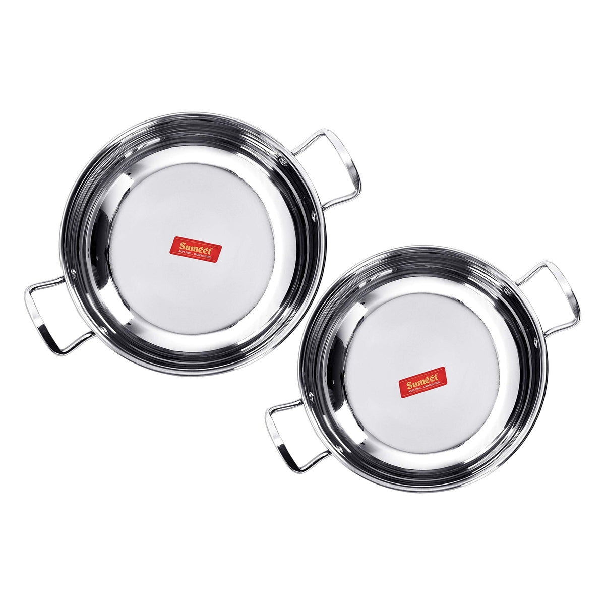 Sumeet Stainless Steel Encapsulated Bottom Induction and Gas Stove Friendly Kadhai Set of 2, Size No. 11 and 12, 1.5 L and 1.9 L