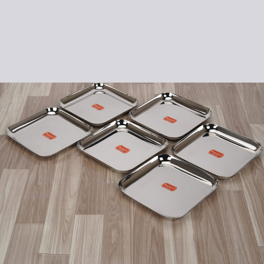 Sumeet Stainless Steel Medium Square Shape Plate/Snacks Plate/Breakfast Plate, Set of 6 pcs, 22.5 cm Dia, Silver