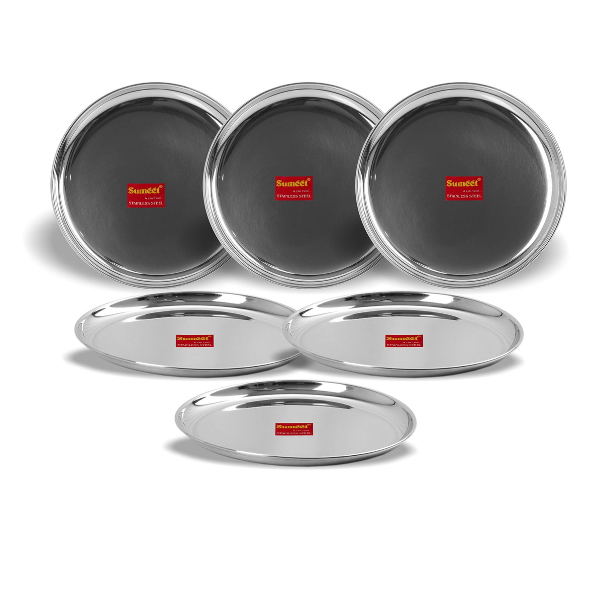 Sumeet Stainless Steel Heavy Gauge Shallow Dinner Plates with Mirror Finish, 31 cm Diameter, Set of 6 Pcs