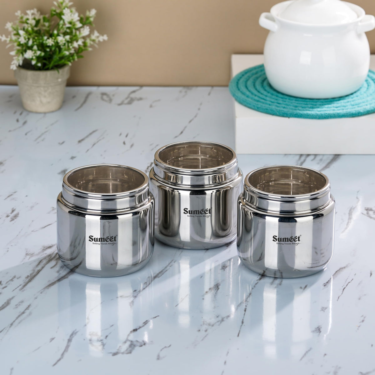 Sumeet Stainless Steel Canisters/Storage Containers for Kitchen with See-Through Lid, Set of 3 Pcs, 1450 ml Each, 13.5 cm Diameter