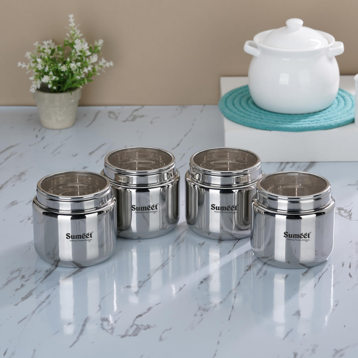 Sumeet Stainless Steel Kitchen Canisters, Dabbas and Storage Containers with See-Through Lids, Set of 4, 1450 ml Each, 13.5 cm Diameter