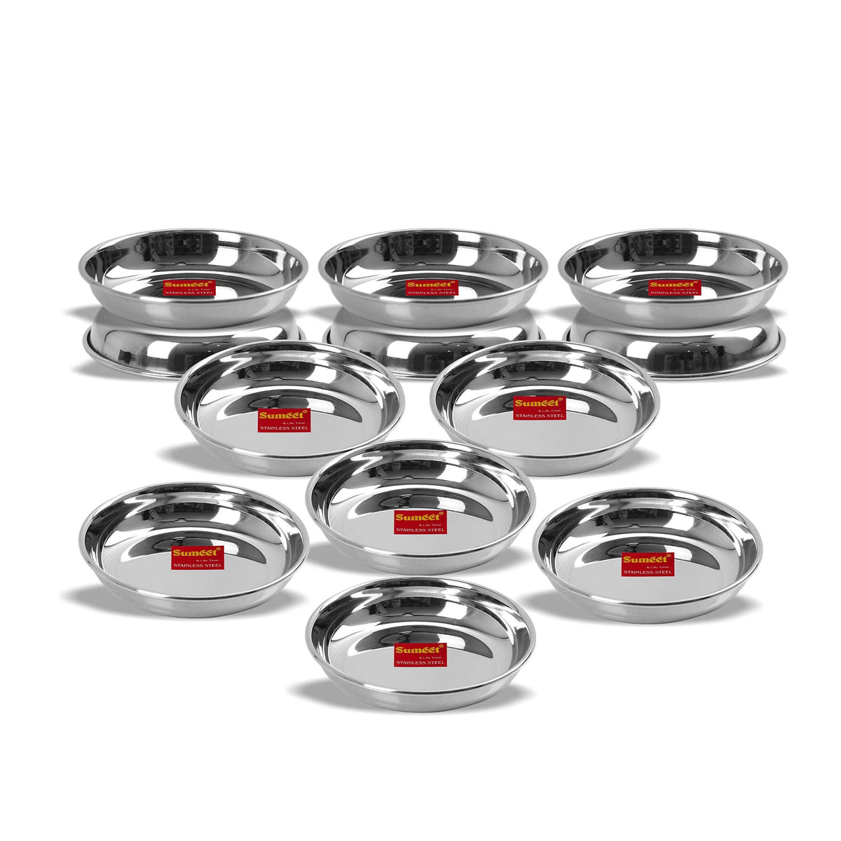 Sumeet Stainless Steel Heavy-Gauge Small Halwa Plates with Mirror Finish, 11 cm Dia., Set of 12