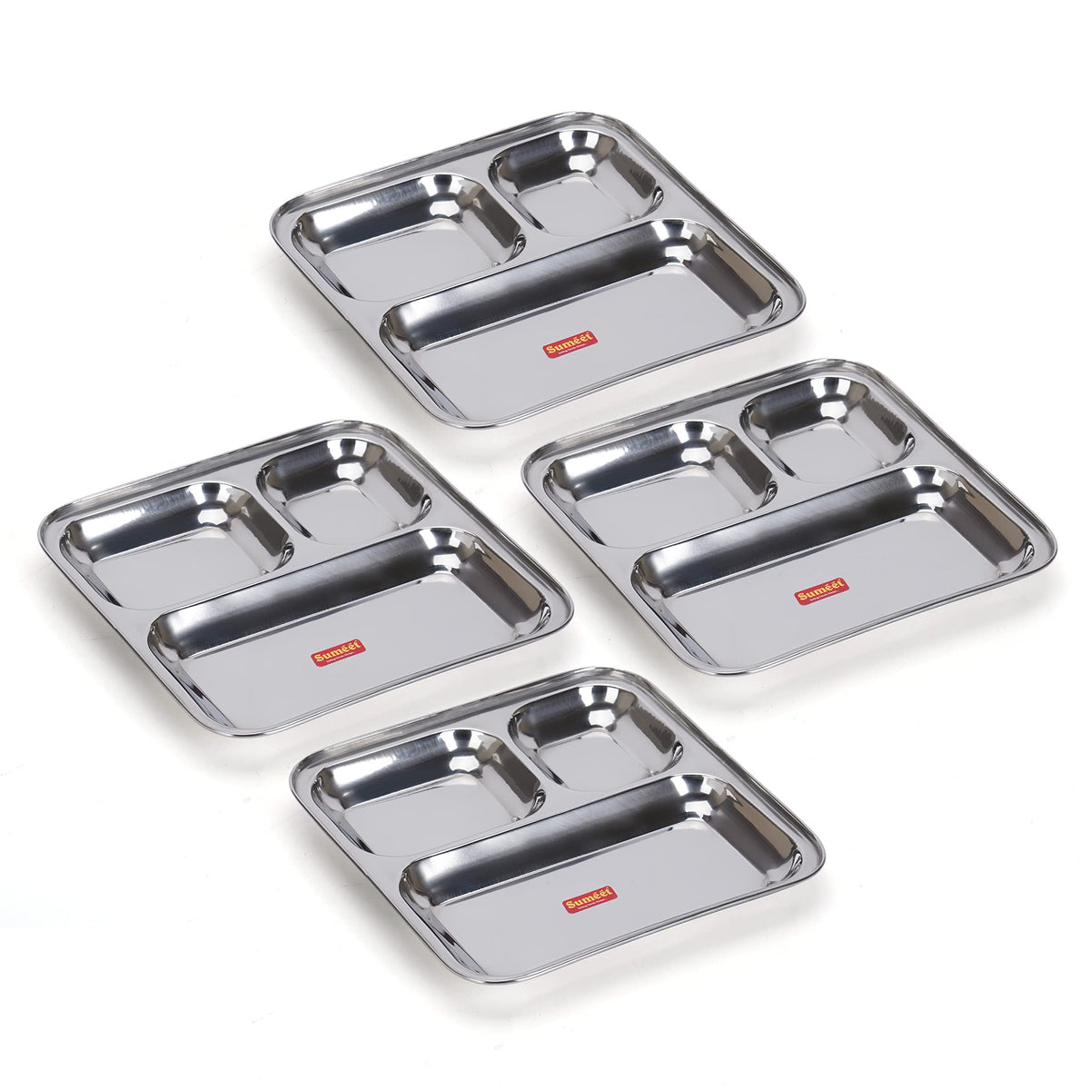 Sumeet Stainless Steel 3-in-1 Idli Wada Compartment Plate/Snack Plate/Breakfast Plate, Set of 4 Pcs, 24.5 cm Dia, Silver