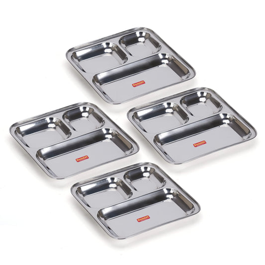 Sumeet Stainless Steel 3-in-1 Idli Wada Compartment Plate/Snack Plate/Breakfast Plate, Set of 4 Pcs, 24.5 cm Dia, Silver