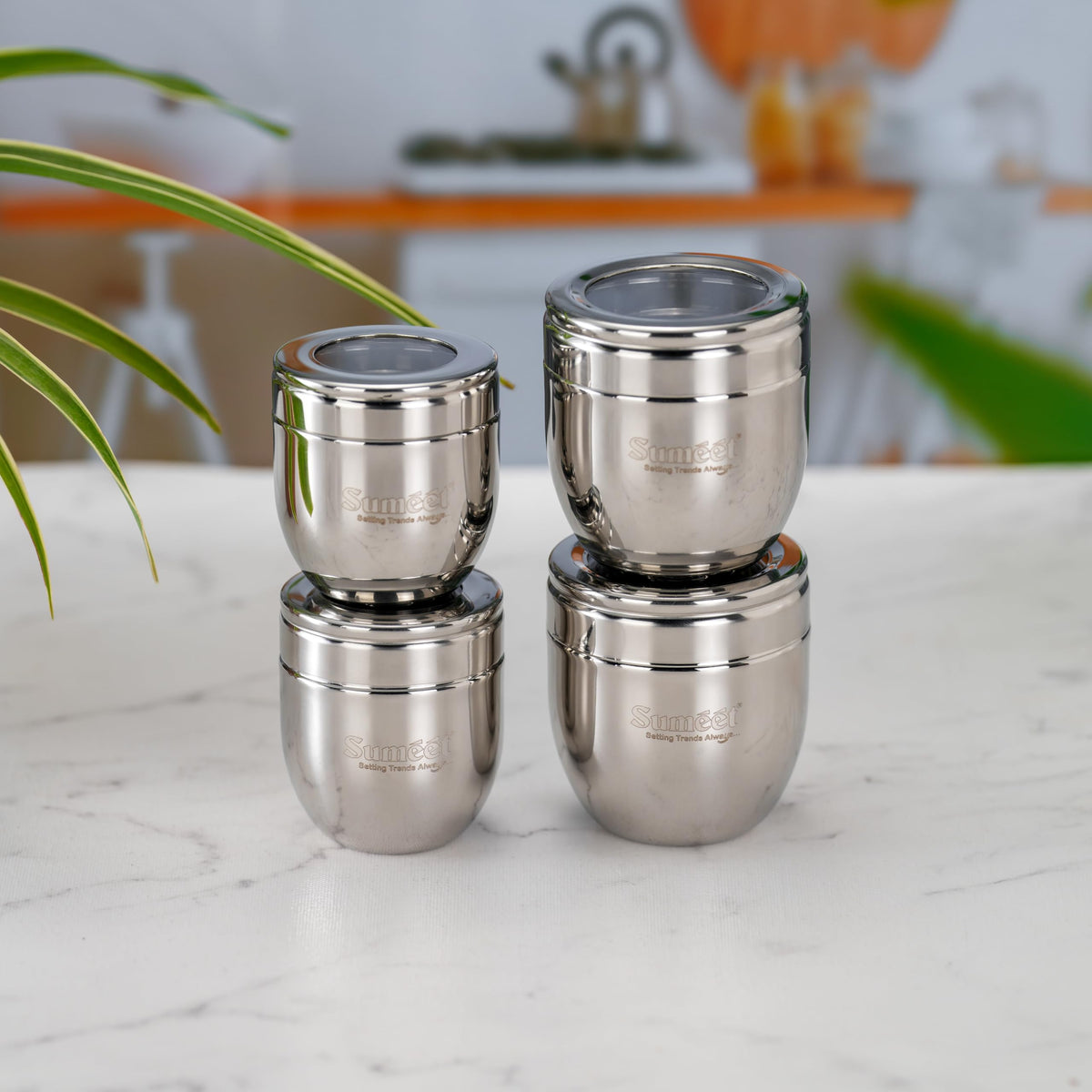 Sumeet Stainless Steel Conical Canisters/Storage Containers for Kitchen with See-Through Lid, Set of 4 Pcs, 150 ml
