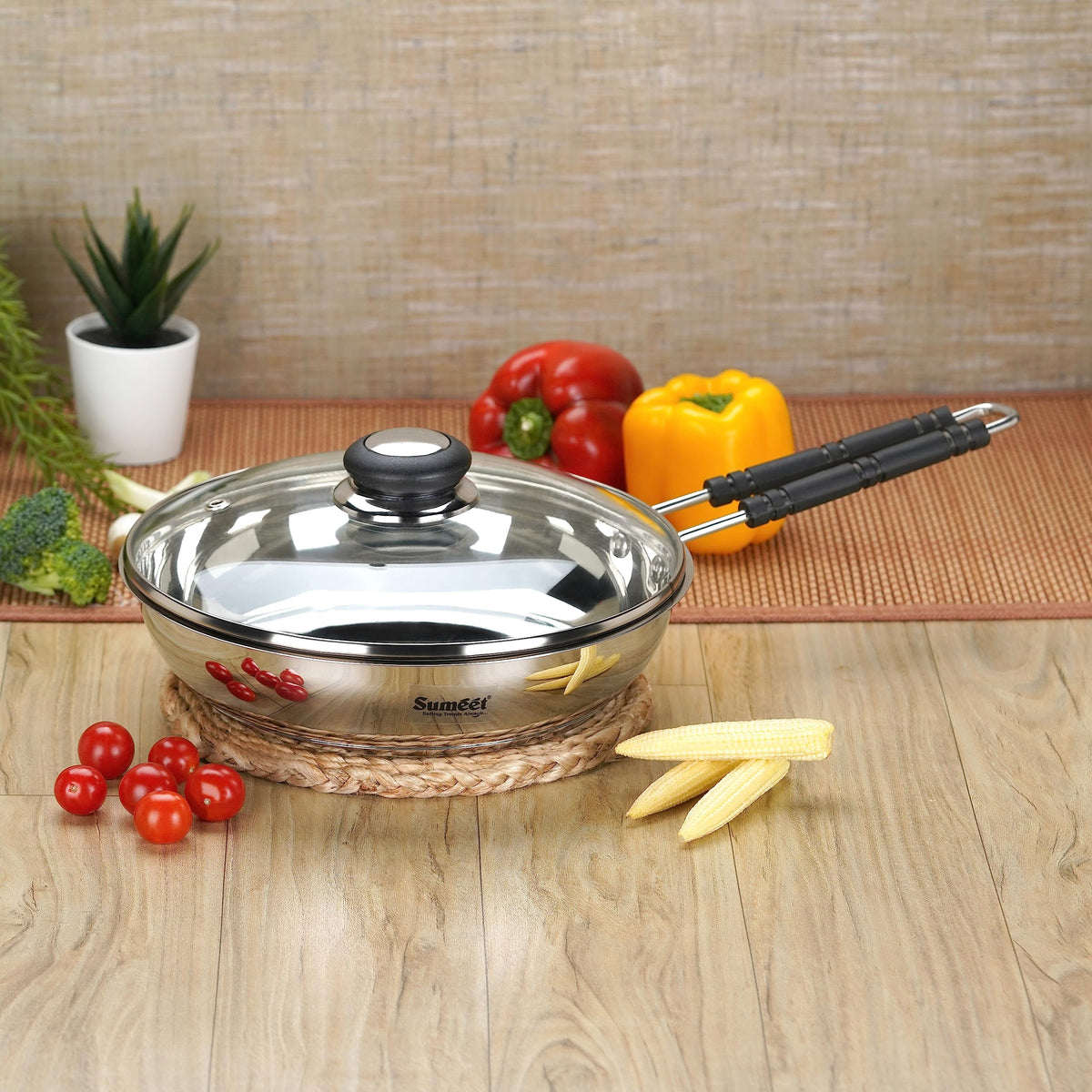 Sumeet Stainless Steel Induction Bottom (Encapsulated Bottom) Fry Pan with Glass Lid, 1.7 L, 23.5 cm Diameter, Silver