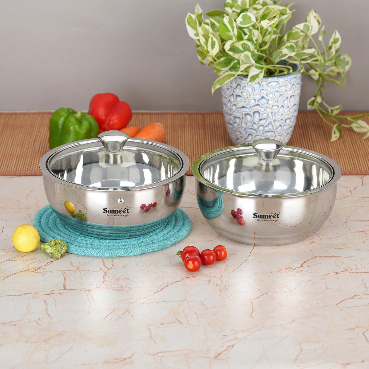 Sumeet Stainless Steel Casserole with Glass Lid, 2 Pieces, 1 L & 1.5 L, Includes Roti & Gravy Pots, Keeps Food Warm & Fresh