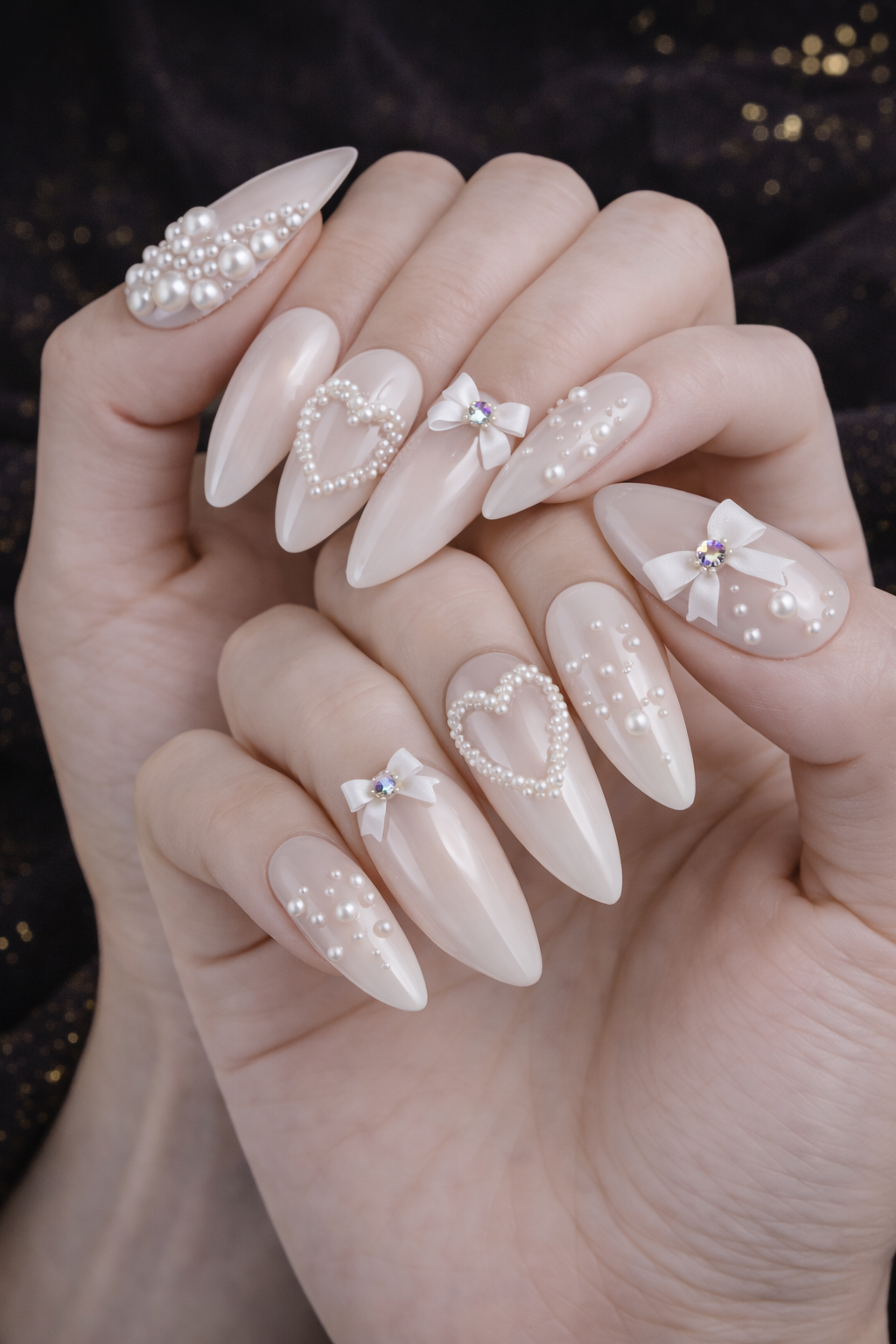 Bows, Pearls and Flower 3D Nail Art
