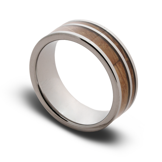 The Angel’s Share 8mm Tungsten Ring with Bourbon Barrel Wood Inlay