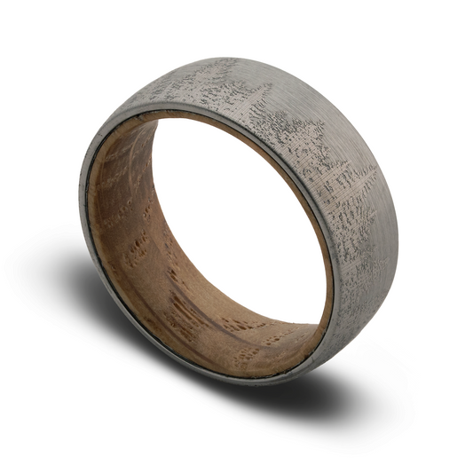 The Outdoorsman Tungsten Ring with Etched Forest and Whiskey Barrel Oak Sleeve
