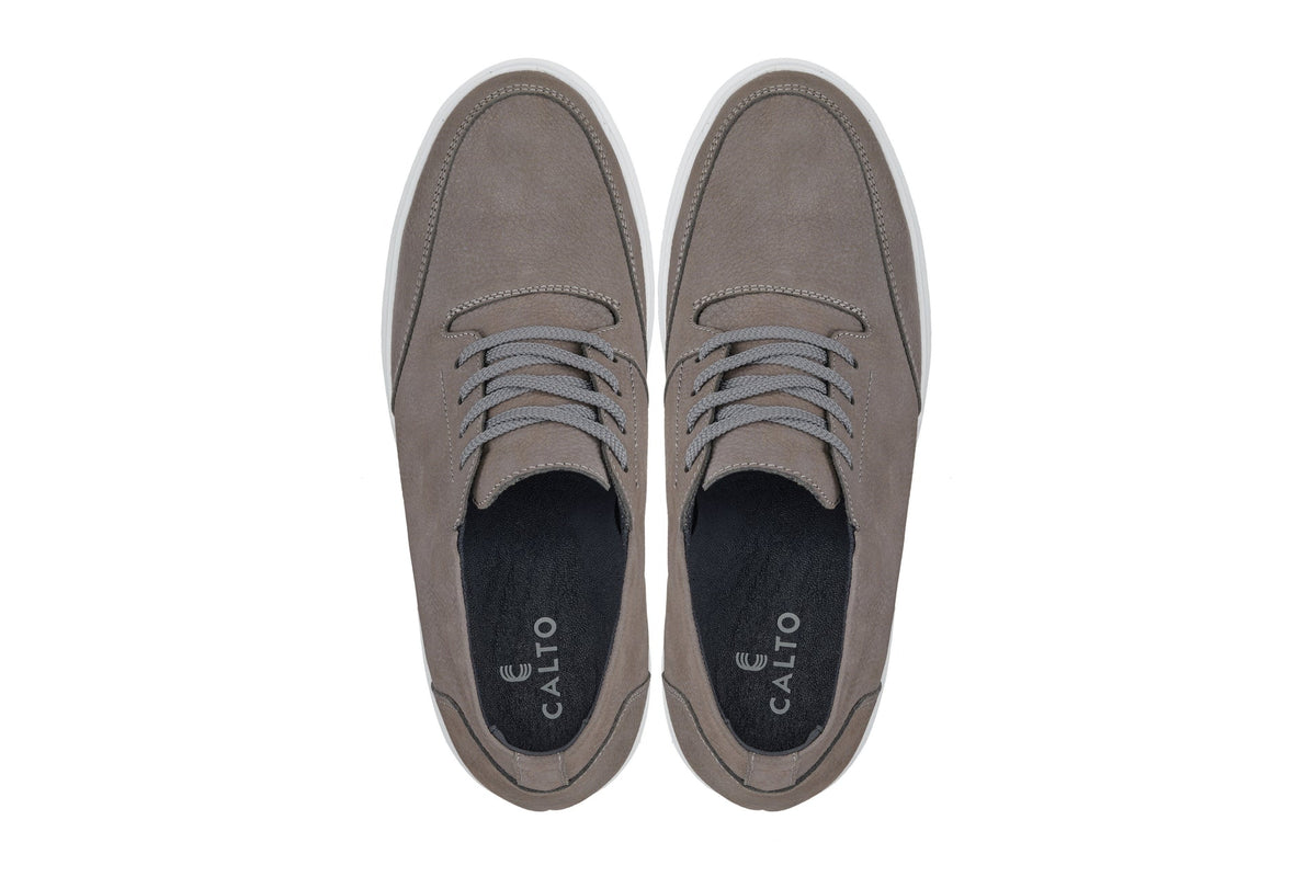 CALTO J1771 3.2-Inch Taller Grey Casual Chunky Sole Boots – Soft Pebble Grain Nubuck Leather
