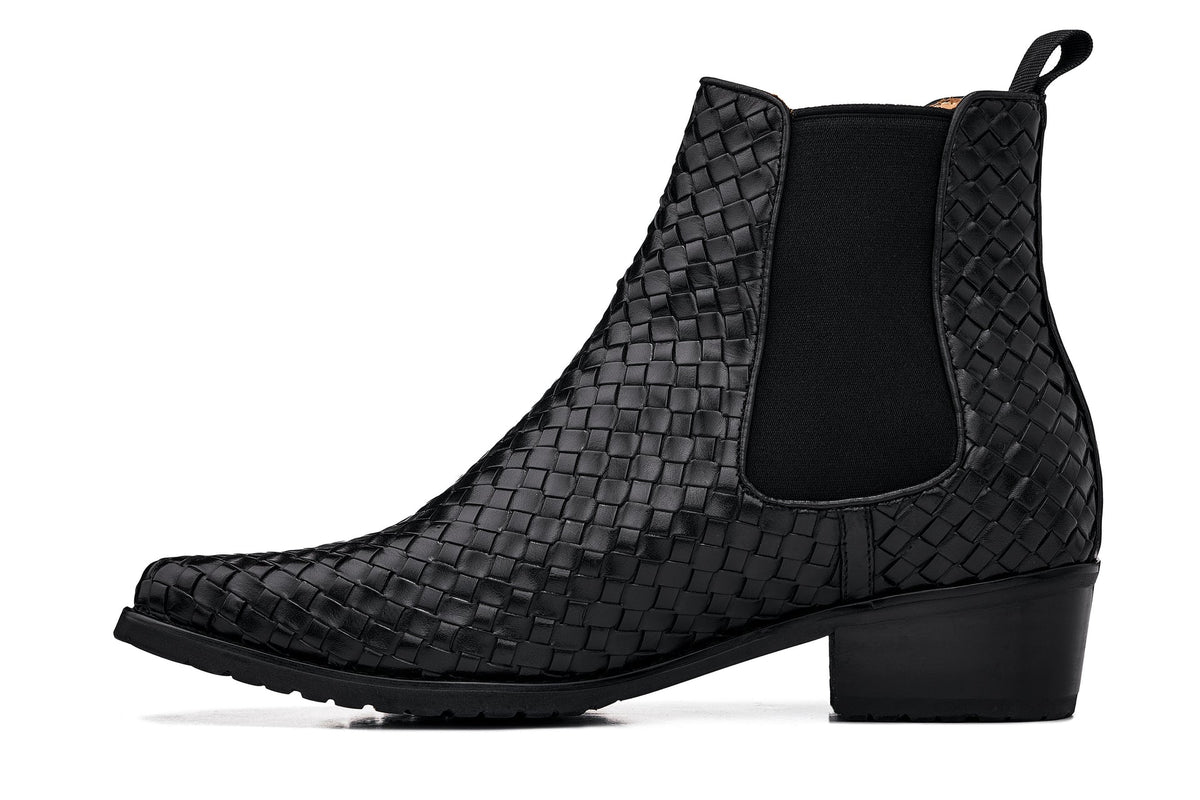 CALTO - K30521 - 3.3 Inches Taller (Black) - Woven Slip-On High-Top Chelsea Ankle Boots