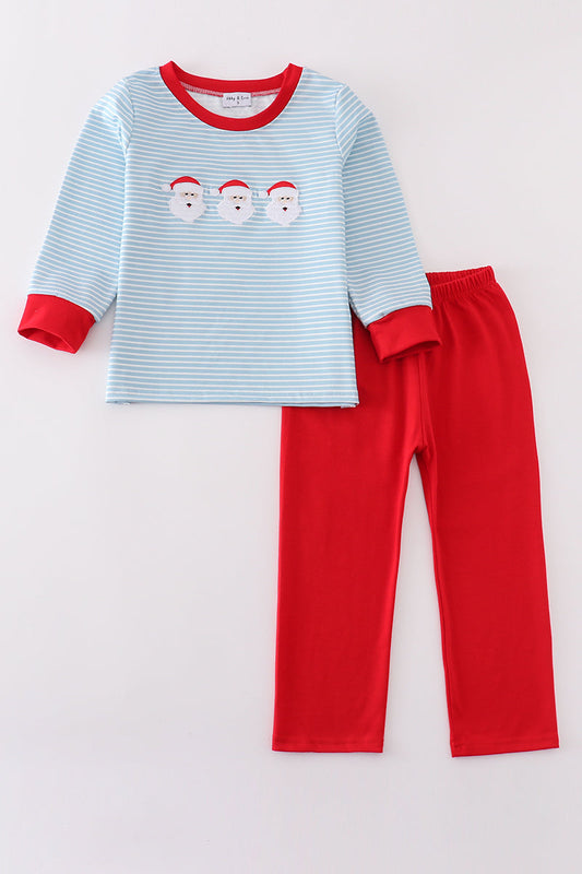 Blue Striped Santa Claus Embroidered Boy Set