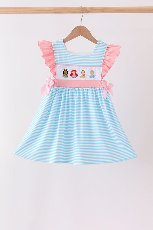 Blue Striped Princess Embroidery Ruffle Dress