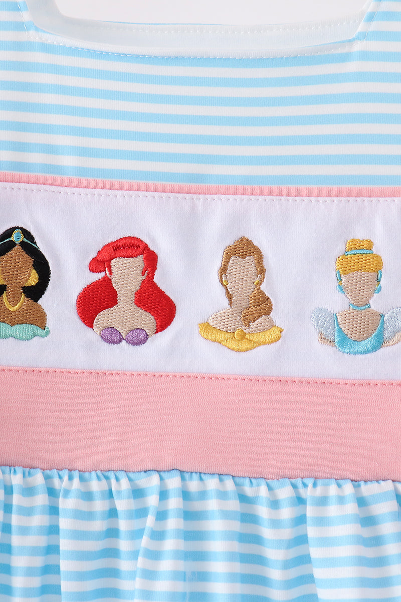 Blue Striped Princess Embroidery Ruffle Dress