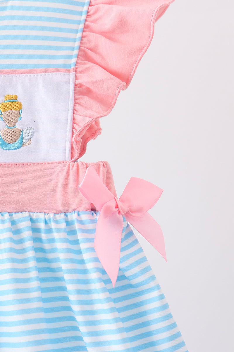 Blue Striped Princess Embroidery Ruffle Dress