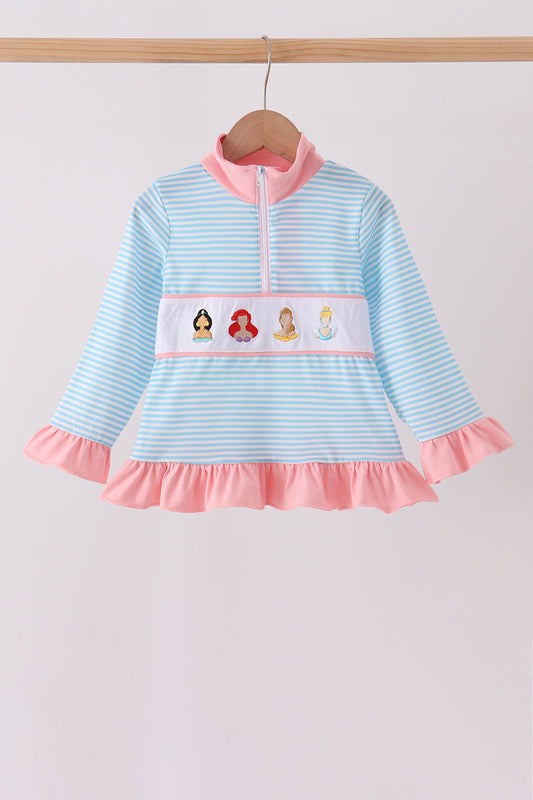 Blue Striped Princess Embroidery Ruffle Pullover
