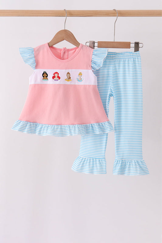 Pink Princess Embroidered Stripe Ruffle Pants Set