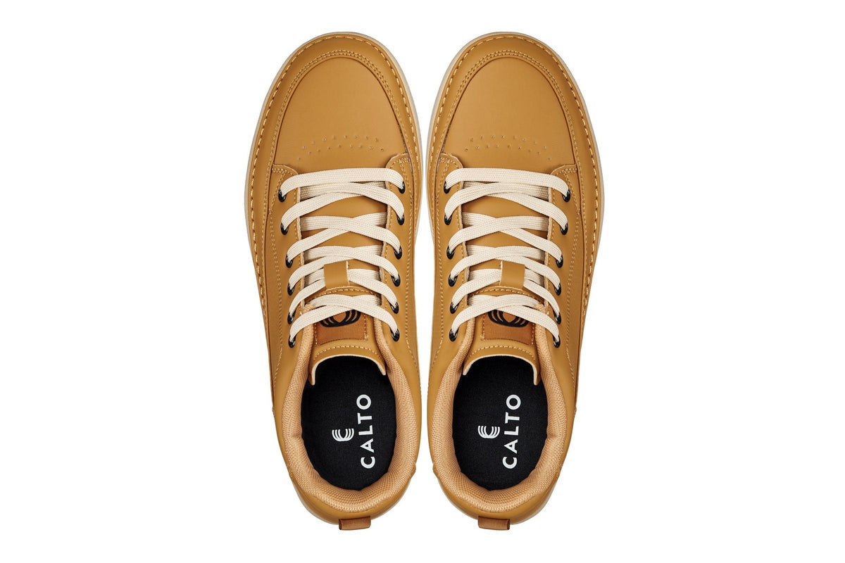 CALTO - Q274 - 2 Inches Taller (Camel Brown & Gum Sole) - Elevated Leatherette Micro-Perforated Sneakers