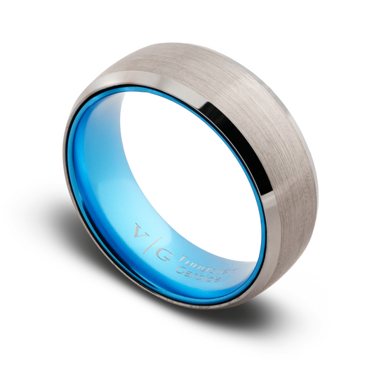 The Quentin Brushed Silver Tungsten Ring with Blue Interior Sleeve