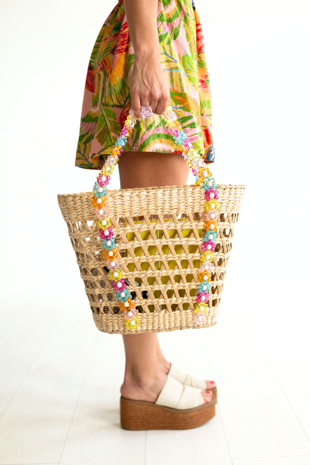Beaded Straw Beach Basket Tote