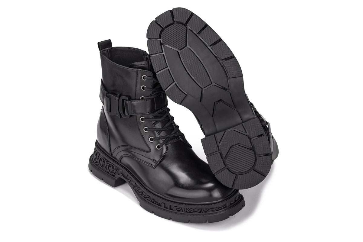 TOTO - W0661 - 3.2 Inches Taller (Black) - Chunky Sole Biker Style High Top Zipper Boot
