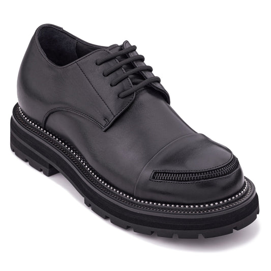 TOTO - W0982 - 3.3 Inches Taller (Black) - Low Top Chunky Sole Cap-Toe Casual Derbies