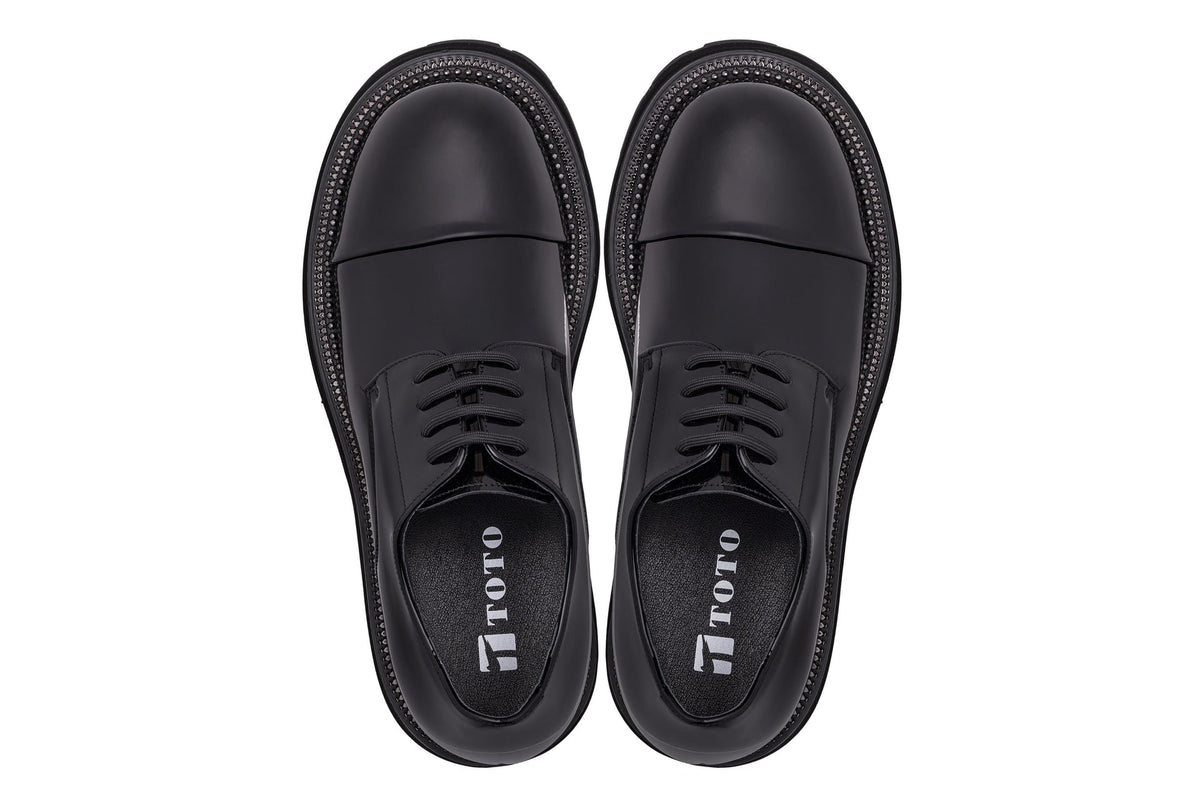 TOTO - W0983 - 3.3 Inches Taller (Black Patent Leather) - Low Top Chunky Sole Cap-Toe Casual Derbies