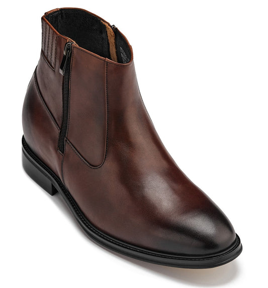 CALTO Y70622 Lightweight Zipper Boots – 2.8 Inch Height Increase (Coffee Brown)