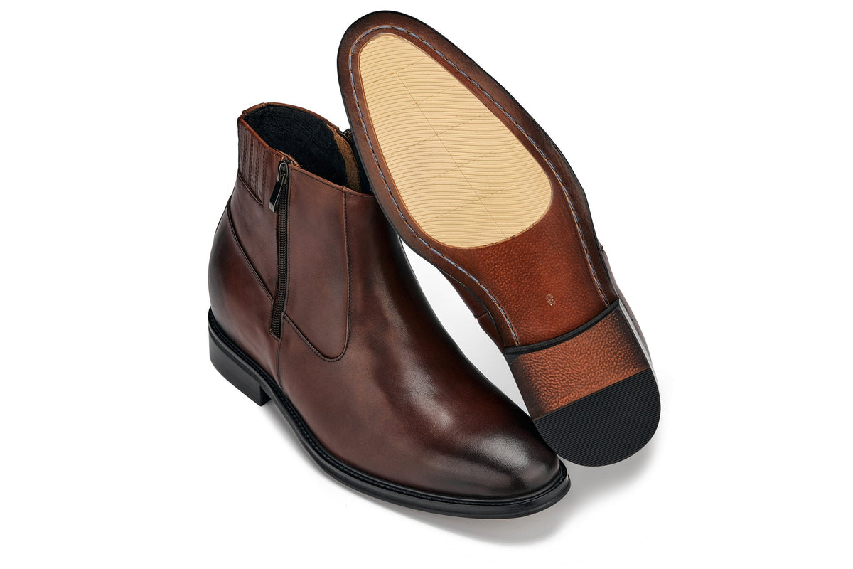 CALTO Y70622 Lightweight Zipper Boots – 2.8 Inch Height Increase (Coffee Brown)