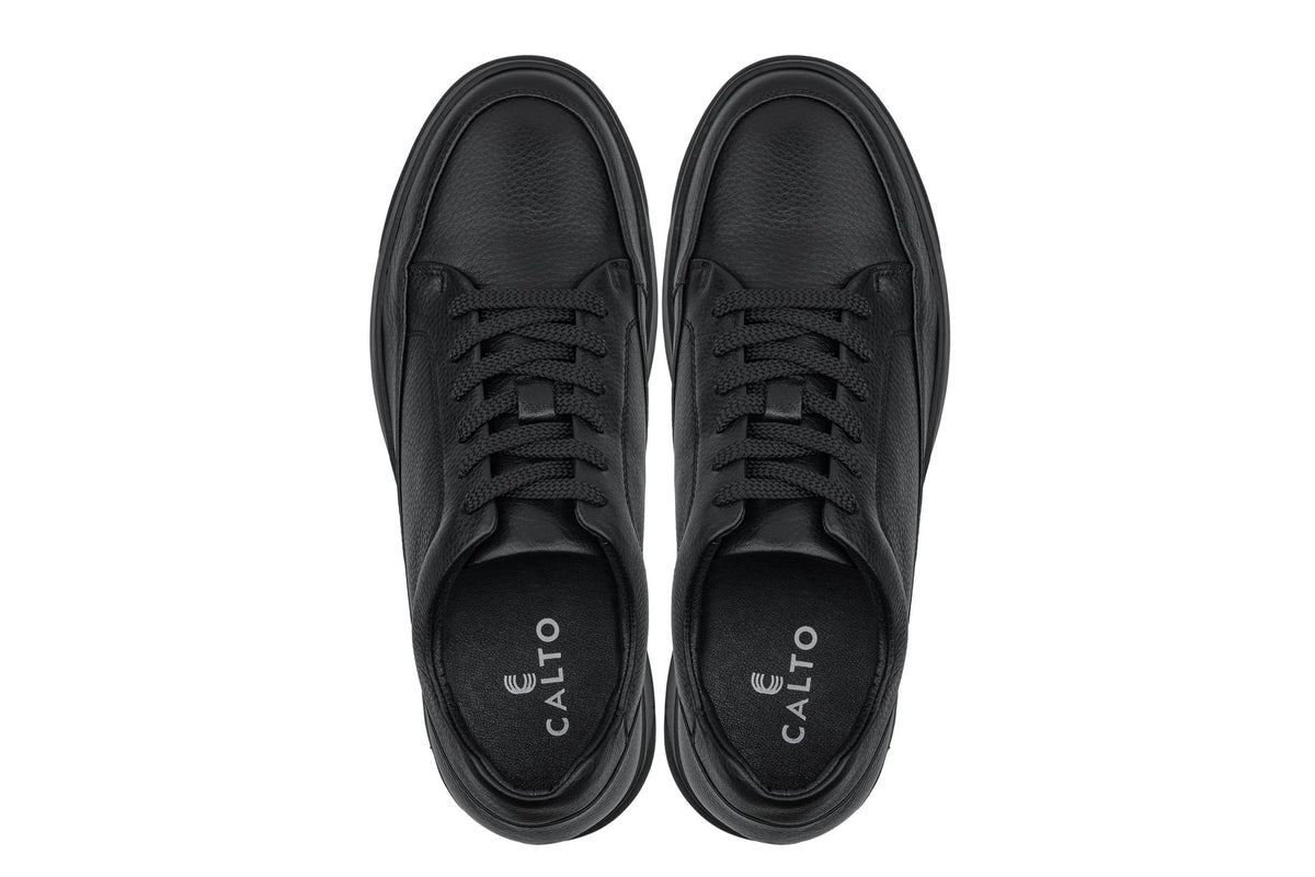 CALTO Y7111 2.6-Inch Taller Black Elevated Pebble Grain Leather Sneakers