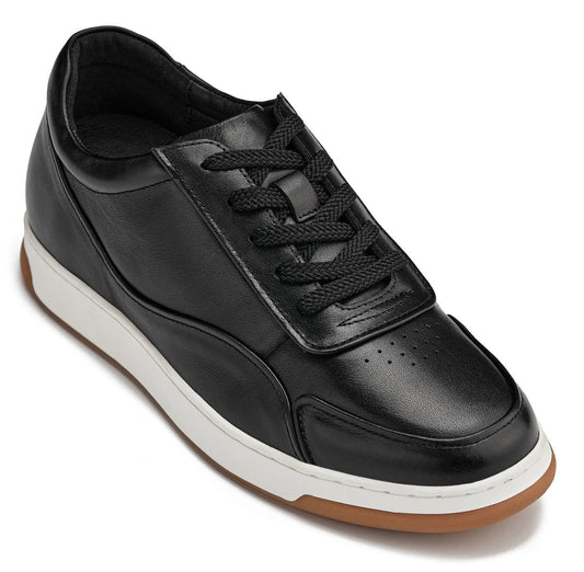 CALTO Y7885 2.6-Inch Taller Elevated Leather Sneakers (Black/White with Gum Sole)