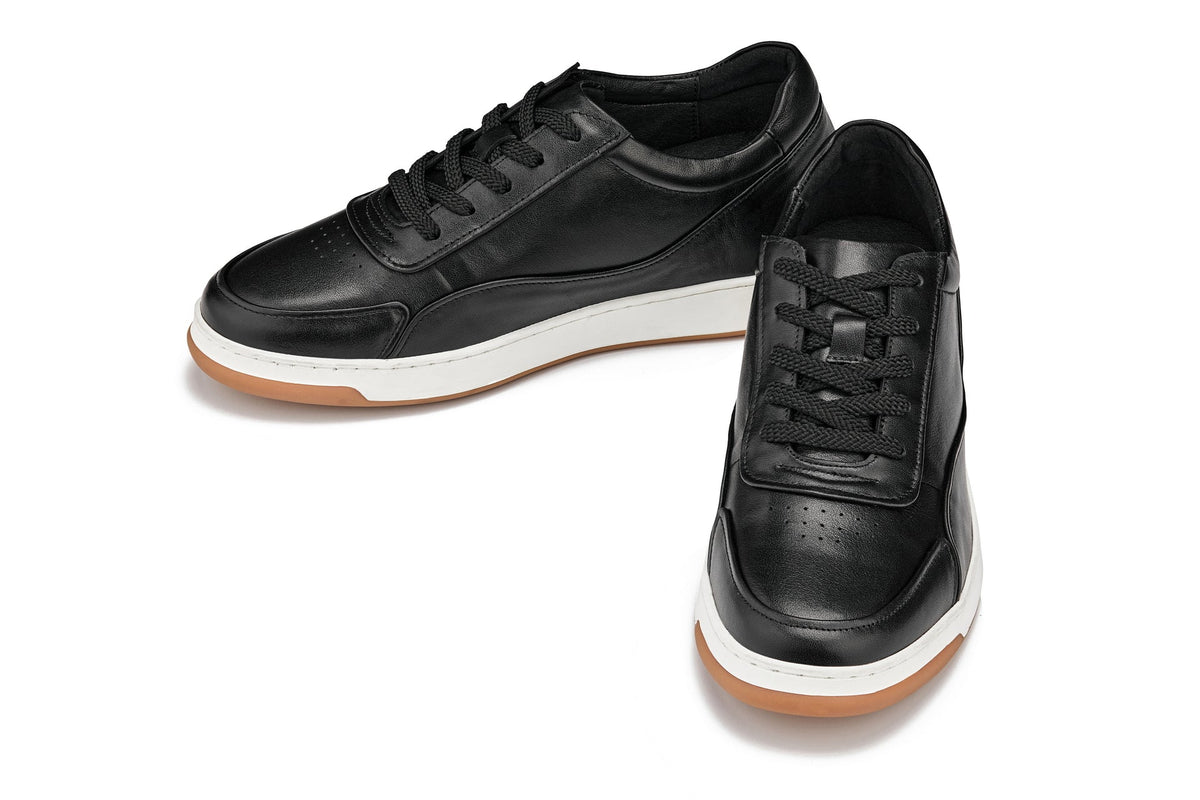 CALTO Y7885 2.6-Inch Taller Elevated Leather Sneakers (Black/White with Gum Sole)