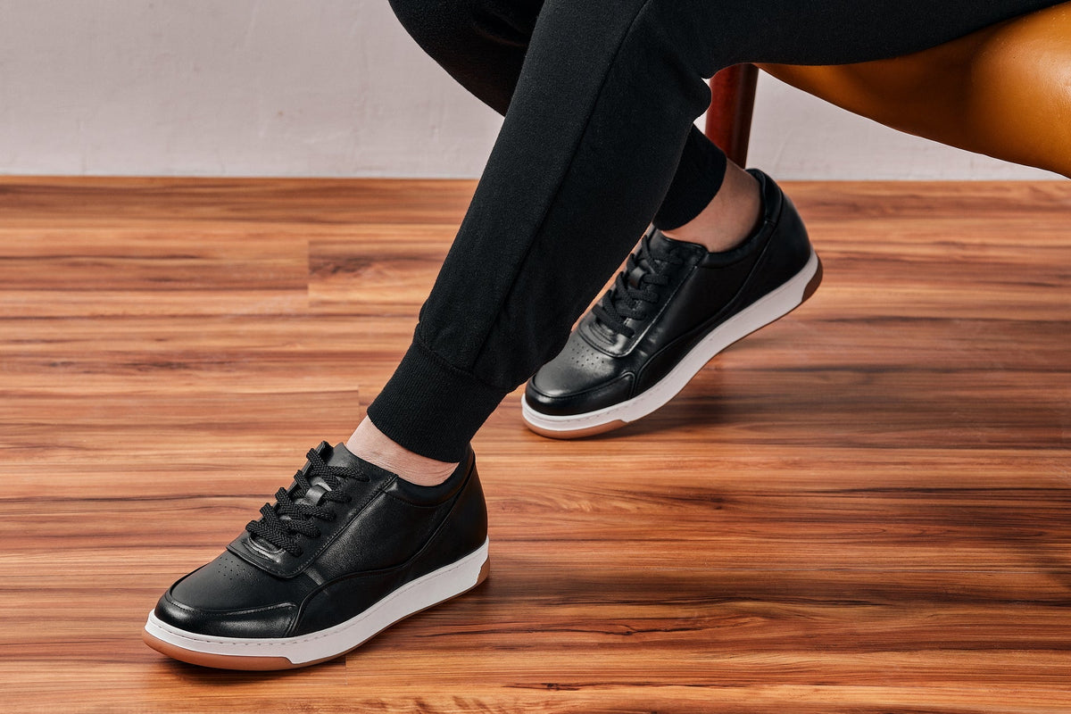 CALTO Y7885 2.6-Inch Taller Elevated Leather Sneakers (Black/White with Gum Sole)
