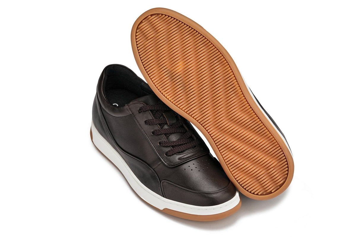 CALTO - Y7887 - 2.6 Inches Taller (Deep Espresso/White & Gum Sole) - Elevated Leather Sneakers