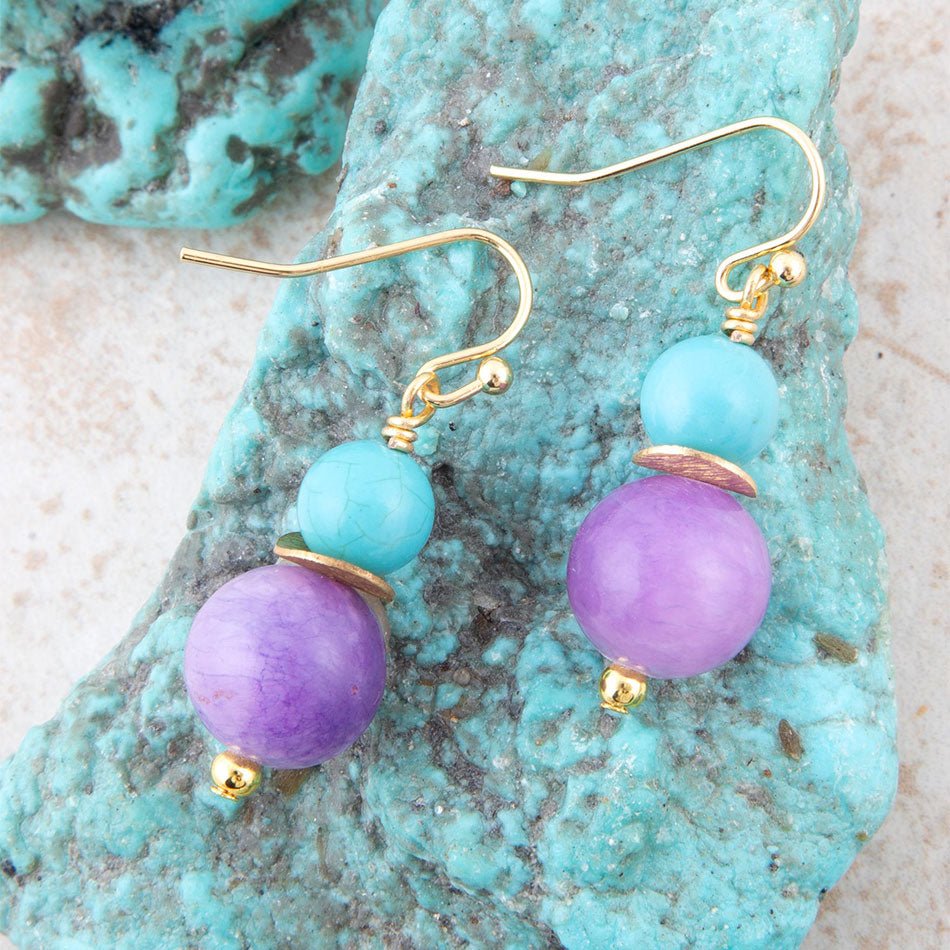 Aruba Purple Jade and Blue Magnesite Golden Drop Earrings