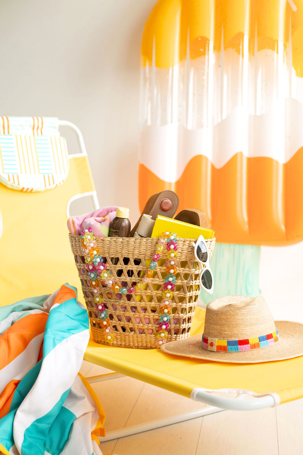 Beaded Straw Beach Basket Tote