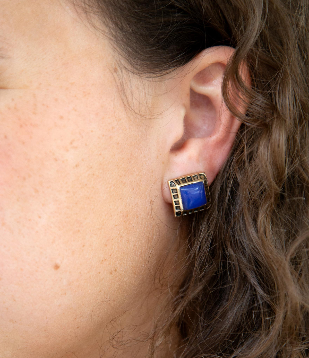 Blue Agate Golden Bronze Clip-On Earrings